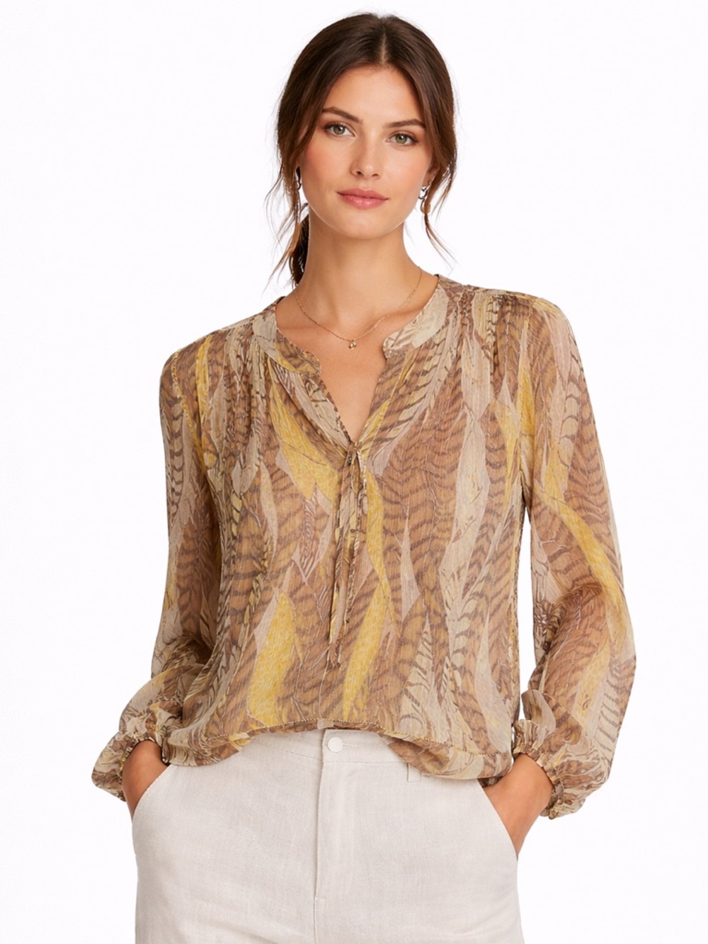 Club Monaco Sheer Silk Top in Neutral Leaf Stripe